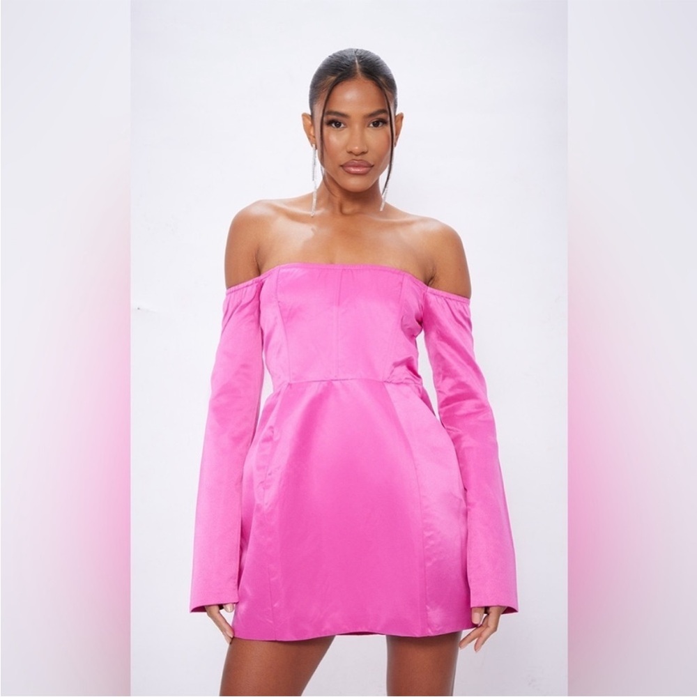 PrettyLittleThing FUSCHIA SATIN CORSET BARDOT BODYCON DRESS Size US 6